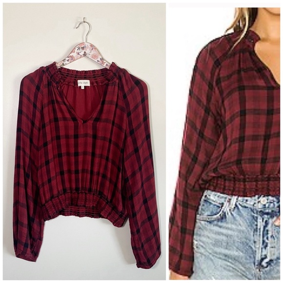 BELLA DAHL Red & Black Plaid Smocked Waist Wide Sleeve Top Blouse Small - Picture 1 of 9